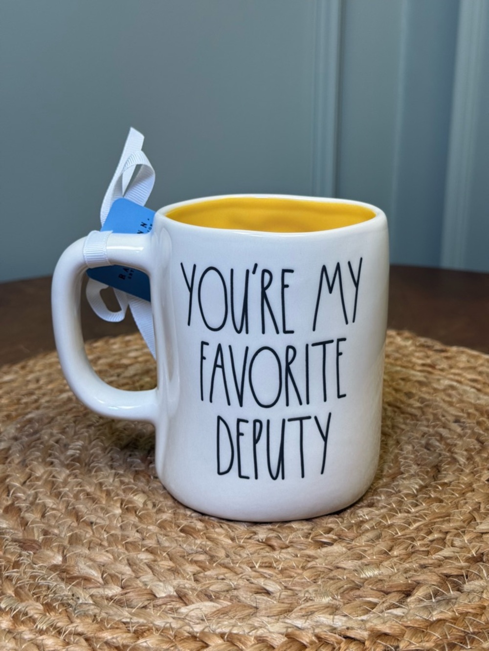 Rae Dunn 'You're My Favorite Deputy' Woody Mug White Exterior, Yellow Interior